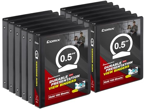COMIX Sturdy 3 Ring Binder 0.5 inch with Clear View Cover, 1/2 Round Ring View Binder, PVC-Free, 2.4mm-Thick, 100 Sheets Capacity of US Letter Size Paper, Office ＆ School Supplies, Pack of 12 (Black)