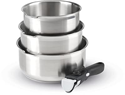 Qulinart by Brandt - Batterie de Cuisine à Induction 4 Pièces - Set de 3 Casseroles en Inox 16, 18 et 20 cm avec Poignée Amovible - Acier Inoxydable - Lot pour Tout Feu - Argenté
