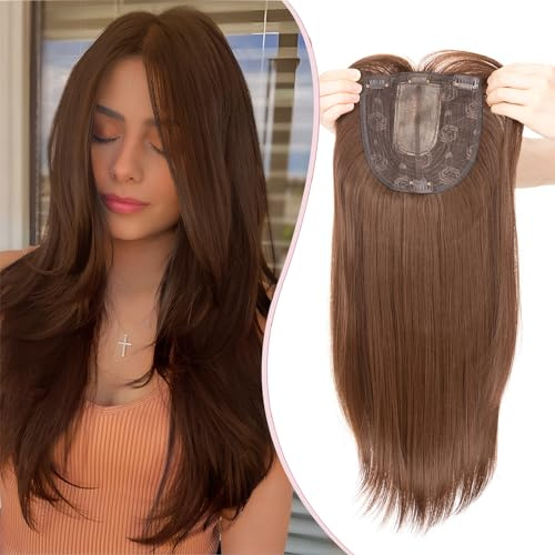 S-noilite Hair Topper Capelli Clip Extension 15 * 15cm Toppers Sintetici per Capelli Sottili Hair Toupet Donna Frontale Extension Lisci Posticci Fringe Toupee,45cm Castano caffè