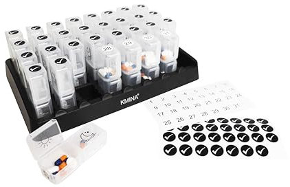 KMINA - Tablettenbox Monat 31 Tage 2 Fächer, Medikamentenbox Groß, Tablettenspender 1 Monat, Pillenbox Tag