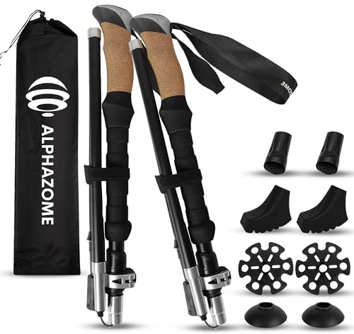ALPHAZOME Bastones de Senderismo Bastones Trekking Plegables 2pcs de Aluminio 7075 y Mango de Corcho Extensibles Viaje Trail y Ajustables Ultraligeros para Alpinismo