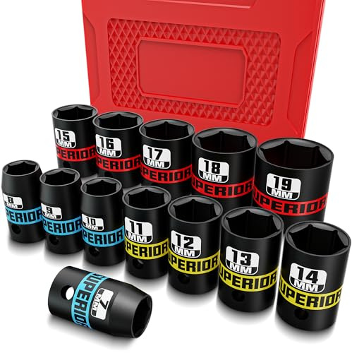 KIRXST Juego de 13 Piezas Vasos de Impacto 3/8, 7-19 mm Llaves de Vasos Impacto Set, de Cromo Vanadio, Dados de Impacto Para Muebles, Auto Reparación