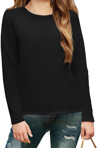 Arshiner Camiseta Negra para Niños Manga Larga Cuello Redondo Forro Polar Interior Tops Básicos para Niñas Camiseta Térmica Versátil Halloween Ropa Infantil 7-8 Años