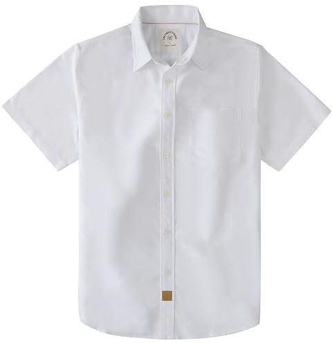 Dubinik® Mens Short Sleeve Button Down Shirts 100% Cotton Plaid Men's Casual Button-Down Shirts with Pocket Pure White