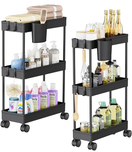 Shrivee Set med 2 förvaringslådor i 3 nivåer med hjul, rörliga, kompakta, minimalistiska förvaringslådor för badrum och kök, svart