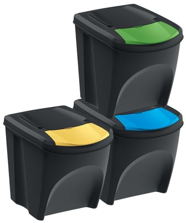 Sorting Bins Recycling Segregation Waste Stackable Lidded Black bin 20L 25L Home Office Dustbins Set Black Color Lids (3x25L)