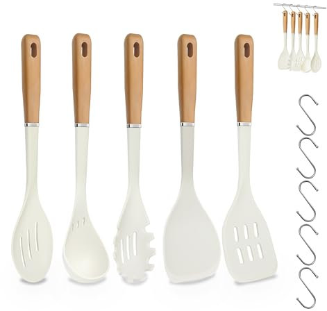 BASVII Set Utensili Cucina Silicone, 10 Pezzi Mestoli Cucina Silicone con Manico in legno e 5 Ganci, Resistente Calore 250°C, Adatto per Friggere, Saltare e Stufare, Non Graffia il Rivestimento