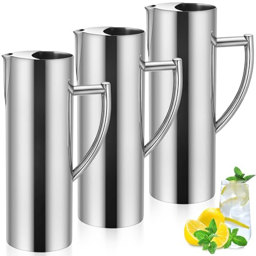 Vesici 3 Pack Stainless Steel Water Pitcher 53oz/1.5l Silver Flat Mouth Metal Water Pitcher with Ice Guard and Handle, Modern Polished Metal Iced Hot Drink Carafe Jug for Beer Tea Juice Coffee Milk