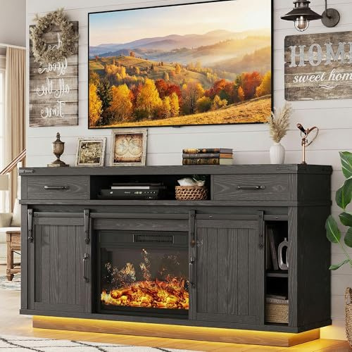 Fireplace TV Stand for TVs up to 65, Electric Fireplace with 3D Flame, Farmhouse LED Light Entertainment Center with Sliding Barn Door, Media Console with Storage Cabinets for Living Room (Black)