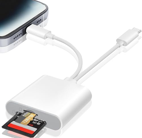 Lettore Schede SD per iPhone, Adattatore Scheda SD USB C per SD/Micro SD, SD Card Reader for iPhone, USB C Lightning Lettore di Schede Memoria per iPhone 17/16/15/iPad/MacBook/Android, Plug and Play