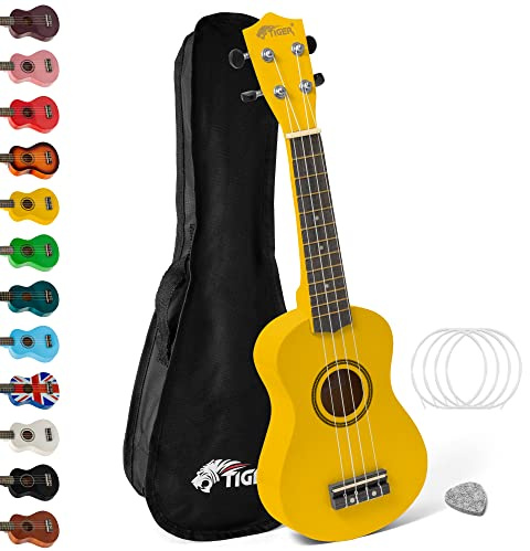 Tiger, Sopran ukulele för nybörjare, inkl. ukulele-transportväska ukulele och gul väska