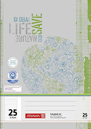 BRUNNEN Schulheft Recycling | A4, Lineatur 25, 16 Blatt, grün/grau