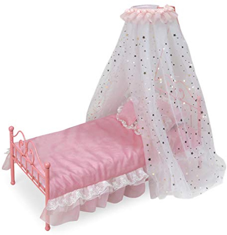 Badger Basket Starlights Metal Doll Bed - LED Canopy Bed Set Fits 18 Inch Dolls - Includes Mesh Drapes Decorative Pillows Reversible Blanket - Pretend Play Doll Furniture - Pink