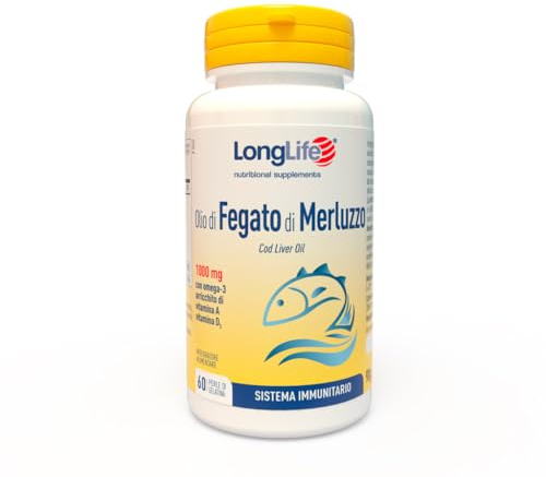 LongLife® Olio di fegato di merluzzo 1000mg | Ricco di omega 3 | Titolato in EPA e DHA | Arricchito con vitamina A e vitamina D3 | Crescita e difese immunitarie | 2 mesi di trattamento | Senza glutine