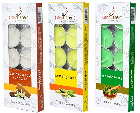 Ampliscent TeaLights Candles I Sandalwood Vanilla + Aromotherapy + Lemongrass I Pack of 3-30 Premium Tealights I Long-Lasting Aroma | for Home Decor, Meditation, Christmas & Holiday Gifts