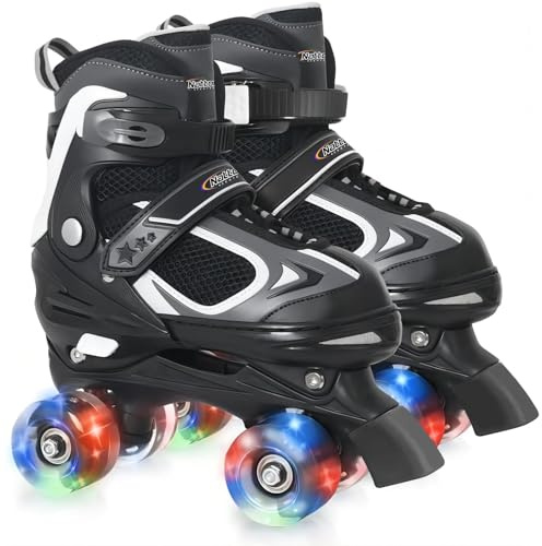 Kids Roller Skates for Boys - Black for Teenagers Youth Age 10 11 12 - Adjustable All Light up Wheels Indoor Outdoor Sports Birthday Gift for Son and Grandson