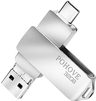 Memoria USB 32 GB Tipo C, POHOVE 3 en 1 Pendrive 32 GB USB 3.0 Impermeable USB C Flash Drive 32gb para PC/Tableta/Huawei/Xiaomi Android Transmisión Almacenamiento De Datos (Plateado)