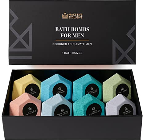 Bath Bombs for Men – 8 Large Diamond Shape Natural Mens Bath Bombs | Relaxing Bubble Bath Set & Bubble Bath Balls for Men | Masculine Scents & Skin Soothing Gift Set