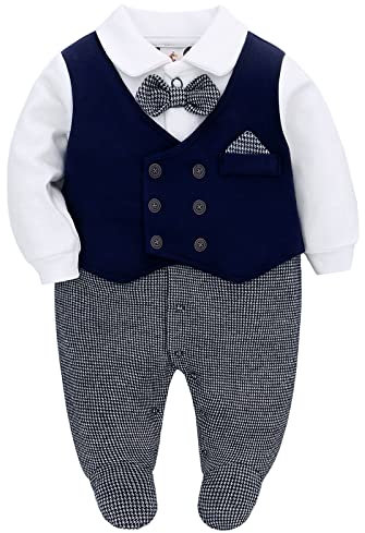 Famuka Baby Strampler Baby Jungen Smoking Anzug Spieler Taufe Hochzeit Partei Outfit Fotoshooting Babykleidung (Marine, 3M)