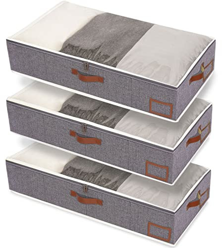Yawinhe 3 PCS Sacs de Rangement Sous Le Lit Sac à Vêtements Pliable, Fenêtre Transparent et Fermeture éclair Sacs à Vêtements Pliables, pour la Literie, 80x40x15cm, Gris, SNH001GL-3