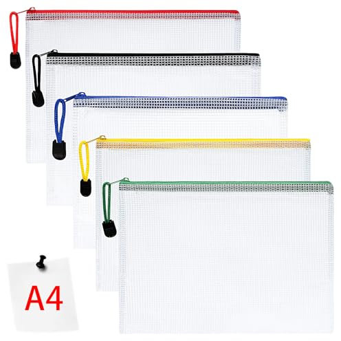 Vicloon Dokumententasche mit Reißverschluss A4, 5 pcs Mesh Plastic Zip Bag, Wasserdichte Document Case, Reißverschlusstasche Zip Beutel Tasche Wallet Taschen Kunststoff Mesh Dokumentenmappen