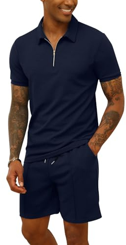 CTU Chándal para hombre, camisa polo y pantalones cortos, 2 piezas, traje de verano, ropa deportiva, azul marino, XL