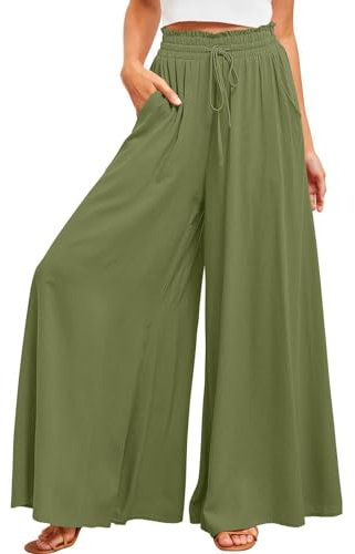 ALSOGO Weite Hosen Damen-Lässig Locker Hohe Taille Palazzo Elegante Einfarbig Hose mit Tasche Kordelzug Armee Grün XL