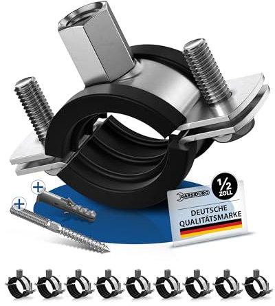 GARSIDURO® Profi Rohrschellen | 1/2 Zoll (20-25mm) 10 Stück | mit passenden Stockschrauben und Dübeln | Schraubrohrschellen Stahl verzinkt mit Gummieinlage zur Rohrbefestigung und Rohrhalterung | 1/2