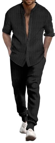 Junger Herrenanzug Slim Fit Herren Sommer Atmungsaktiv Zwei gerollte Ärmel Hemd Hose Set Herren Sportbekleidung Herren Zweiteilige Sportbekleidung, Schwarz , L