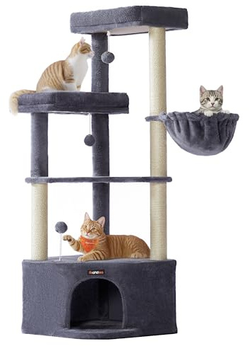Feandrea Arbre à Chat, 48,5 x 48,5 x 140,7 cm, Tour de Jeux pour Chats, avec Niche, Grandes Plateformes, Balles en Peluche, Hamac, Gris Foncé PCT009G02