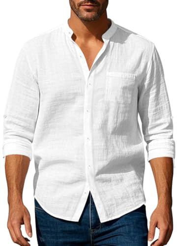 MEDUOLA Chemise Homme en Lin à Col Henri - Manches Longues avec Poche Poitrine, Boutonnage Devant, Style Décontracté et Respirant pour Été (M,Blanc)