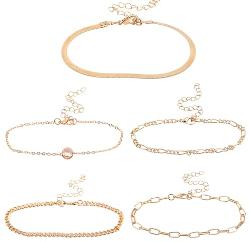 Mikovivi 5pz Cavigliera D'Oro, Impermeabili Bracciali Impilabili Donna Gioielli per Piedi Catena Regolabile Gioielli Scintillanti alla Moda Piedi per Donna Vacanze al Mare (5 Stili)