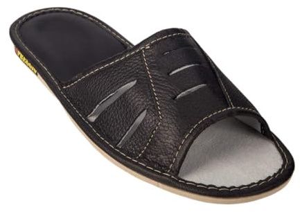 APREGGIO - Zapatillas de casa para hombre de cuero liso - Suela plana - Puntera abierta - Pantuflas de cuero para hombre - Ideales como zapatillas de verano - Negro - Talla 47 EU