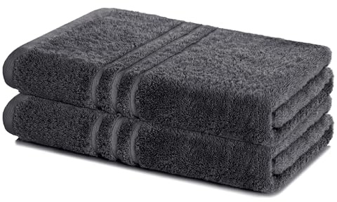 Lavea® 2er Badetuch 100x150 cm aus 100% Baumwolle – Großes Duschtuch, saugstark, weich und hautfreundlich, Frottierserie Elena, waschbar und strapazierfähig - Anthrazit