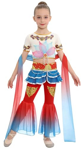 TSSOE Dunhuang danskostym barn flicka crop top och klockbyxor kostymer kinesisk flygande dans röd blå 3-4 år