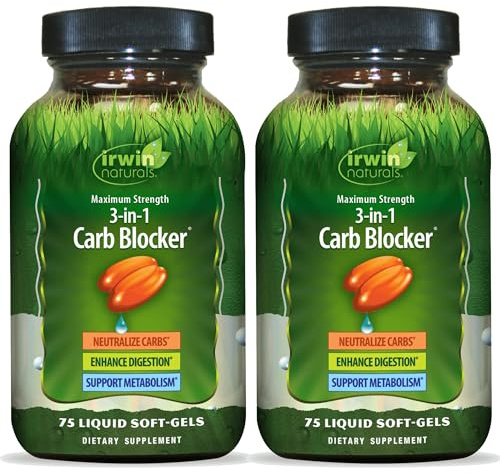 Irwin Naturals Maximum Strength 3-in-1 Carb Blocker - Neutralize Carbohydrates, Aids Digestion and Metabolism Booster - White Kidney Bean Extract + Chromium + Enzyme Blend - 75 Soft-Gels - 2 Pack