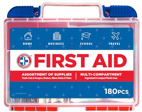 Be Smart Get Prepared 180 Piece First Aid Kit: Clean, Treat, Protect Minor Cuts, Scrapes. Home, Office, Car, School, Business, Travel, Emergency, Survival, Hunting, Outdoor, Camping & Sports, FSA HSA