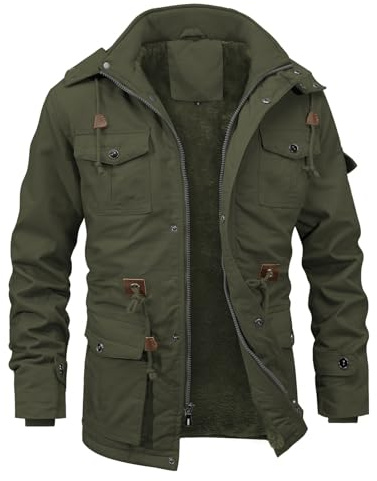 INVACHI Men's Thick Winter Jacket With Hood,Fleece Lining Cotton Military Jackets,Work Coats with Multiple Pockets