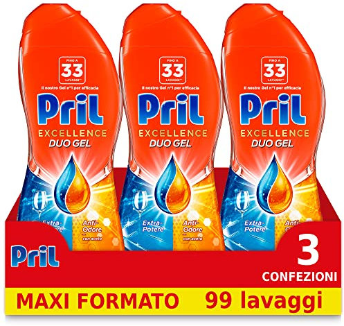 Pril Gold Gel Detergente Lavavajillas en Gel Acción Anti Olor con Vinagre, 3 Paquetes de 33 Lavados