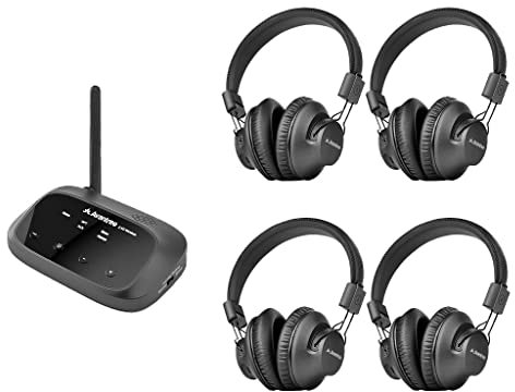 Avantree Quartet Mehrere kabellose Kopfhörer 4 Packung, Hervorragend HD-Sound, Bis zu 100 STÜCKE, Leises Disco-Party Paket, 2 EQ-Modi, Assistives Hörsystem für Outdoor-Film Schule, Kirche, TV