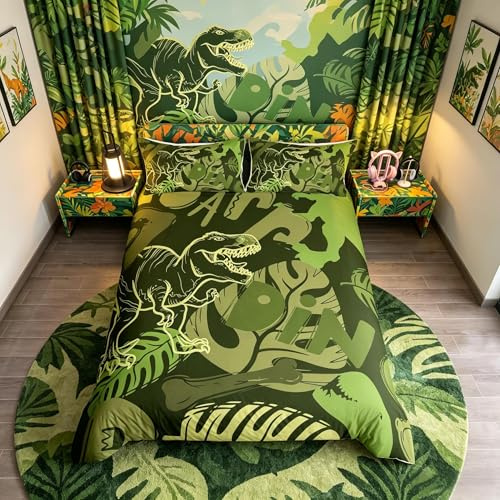 Homemissing Jurassic Dinosaur Comforter Cover T-Rex Bones Bedding Set Prehistoric Jungle Animals Duvet Cover for Kids Boys Girls Cute Cartoon Dino Bedding & Linen Double