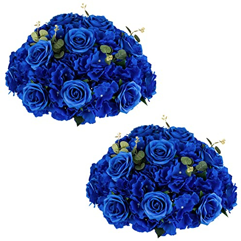 NUPTIO Artificial Flower Centrepieces for Tables - 2 Pcs Large Fake Flowers Roses Balls 40cm Diameter - Royal Blue Silk Faux Rose Arrangement Bouquet for Wedding Party Centerpiece Table Decorations