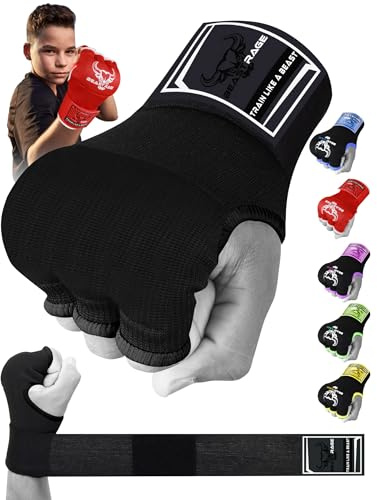Beast Rage Gants de Boxe en Gel MMA de 75 cm de Long, rembourrés, élastiques, pour Sac de Frappe, entraînement Muay Thai, Bandages UFC pour Hommes, Femmes et Enfants (Enfants Junior, Noir)