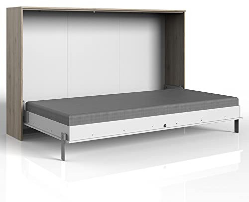 Lomadox Schrankbett 120x200 cm San Remo Eiche weiß mit Lattenrost Jugendbett Gästebett Klappbett Raumsparbett Wandklappbett