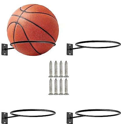 YunBey Soporte de Pared para Pelotas de Baloncesto, 4 Unidades, Metal, Color Negro, con Tornillos para fútbol, Baloncesto, Voleibol, Rugby
