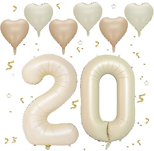 Number 20 balloons Cream，20 Balloons Birthday Boy Girl,40Inch Foil Number 2 & 0 Balloons with 6 Cream Metal and Confetti Helium Balloons for 20th Year Old Birthday Decorations