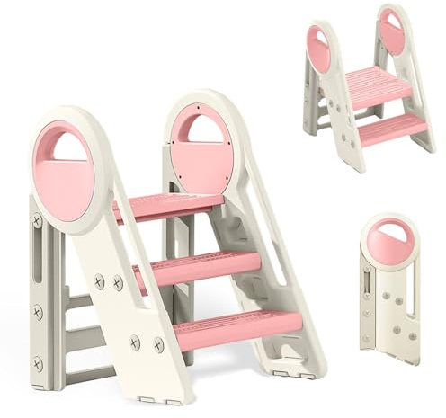 Sgabello per bambini, 2-3 gradini livelli regolabile in altezza, pieghevole, per bagno, cameretta dei bambini, cucina (rosa + bianco)