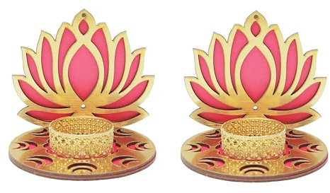 Set of 2 Decorative MDF Wooden Pink Golden Lotus T Light Holder Candle Stand Tealight Holder Indian Traditional Festival Diwali Decorations Lighting Accessories (Without Wax)(Size:-4 Inches) (Pink-1)