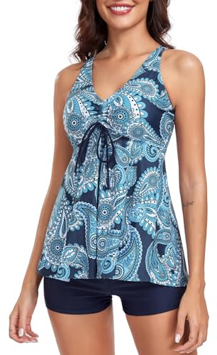 FLYILY Femme Maillot De Bain Deux Pièce Tankini Imprimé Floral 2 Pieces Tankini Push Up Contrôle du Ventre avec Boyshort(Blueprint,3XL)