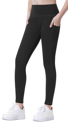 SEAUR Sportleggings för flickor, långa yogabyxor med 2 fickor, enfärgade, snäva joggingbyxor, löparbyxor, sportbyxor träningsbyxor, 120–160 cm, svart, 130 cm